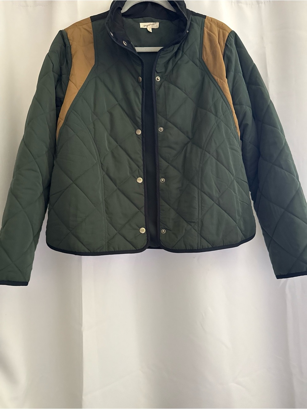 Mystree Quilted Olive Green Jacket with Tan Shoulder Panels